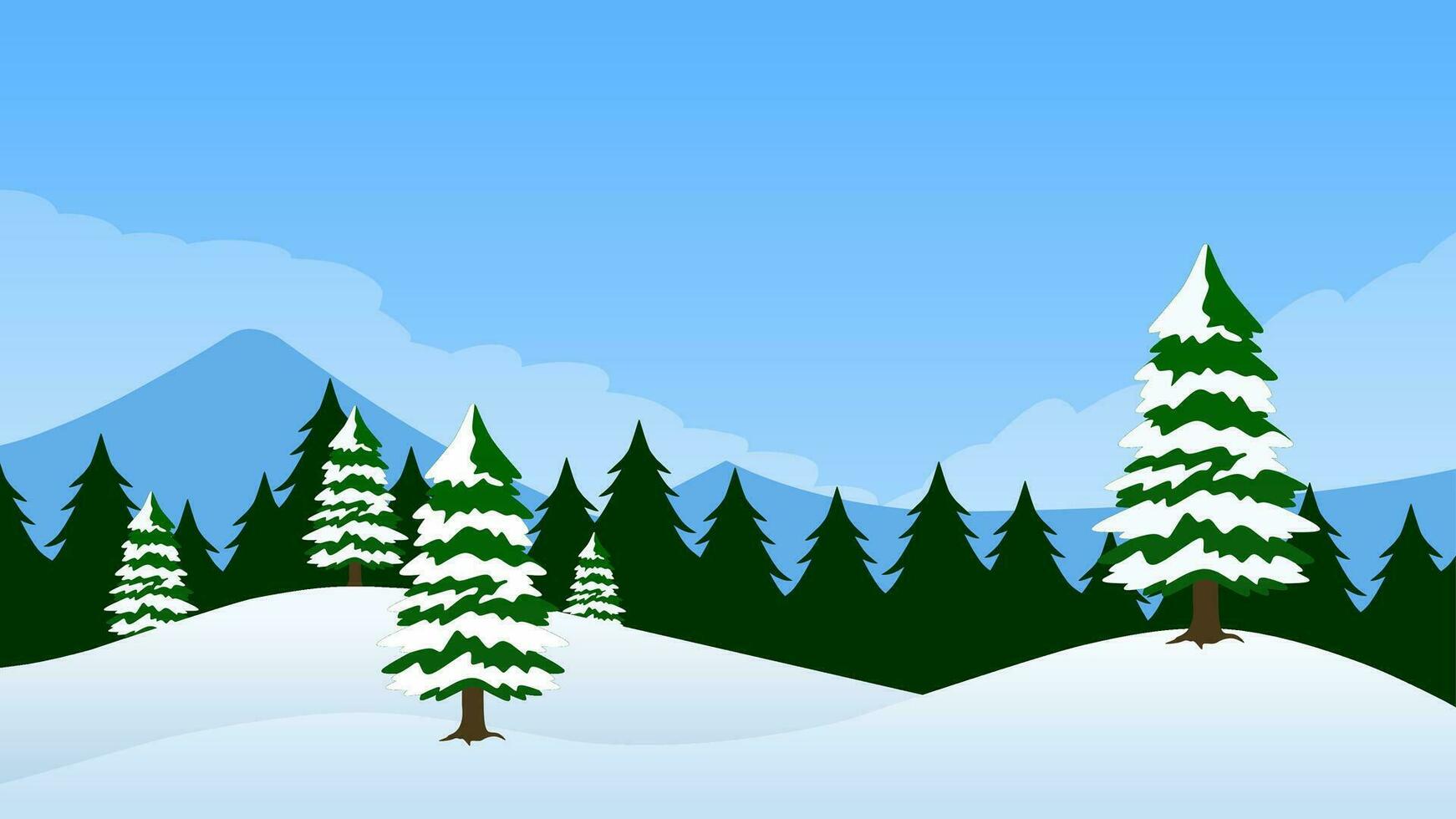 Winter pine forest landscape vector illustration. Scenery of snow covered coniferous in cold season. Snowy pine forest landscape for background, wallpaper or christmas