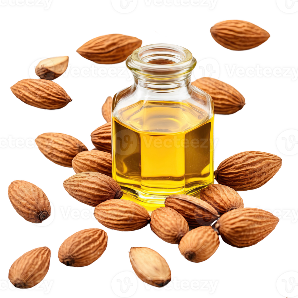 AI generated almonds and almond oil isolated on transparent background png