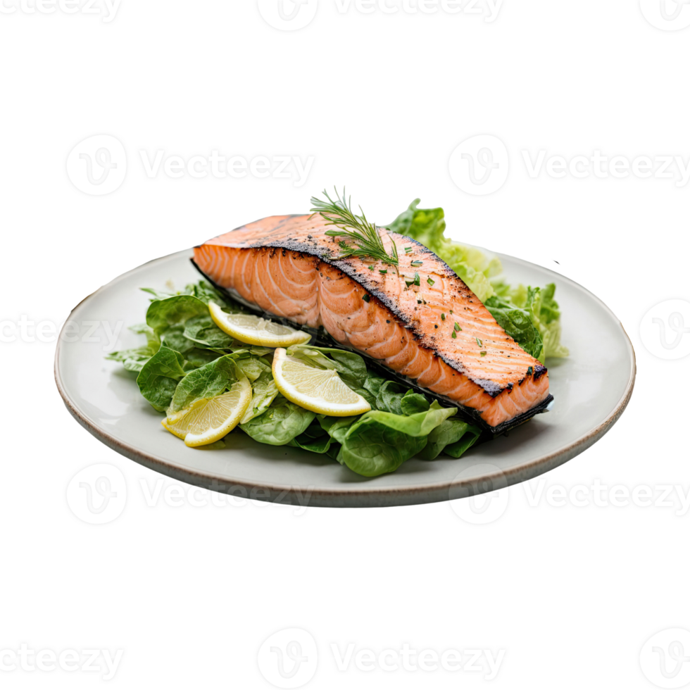 AI generated Grilled salmon with lettuce lemon on a plate isolated on transparent background png