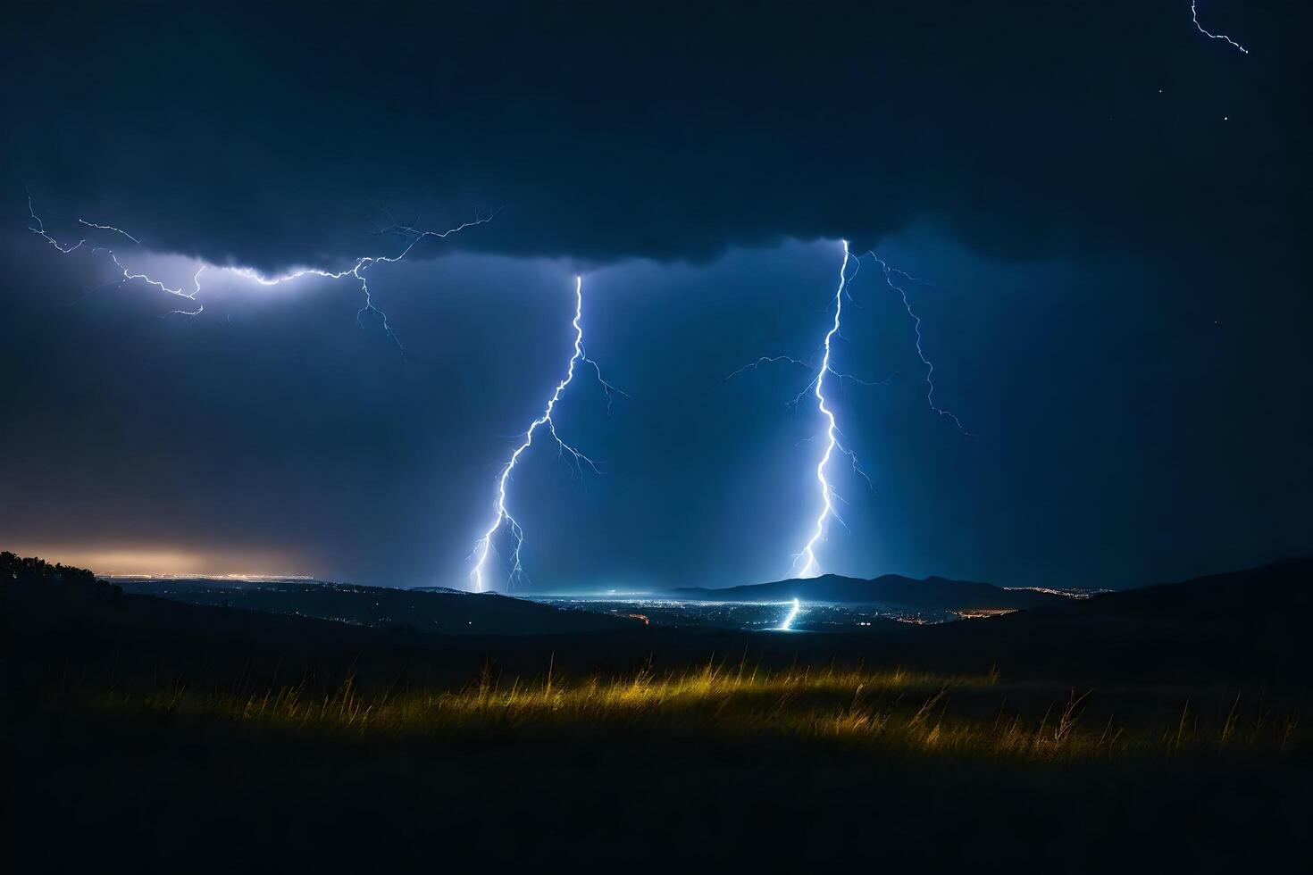 AI generated lightning strikes over a field with mountains in the background photo