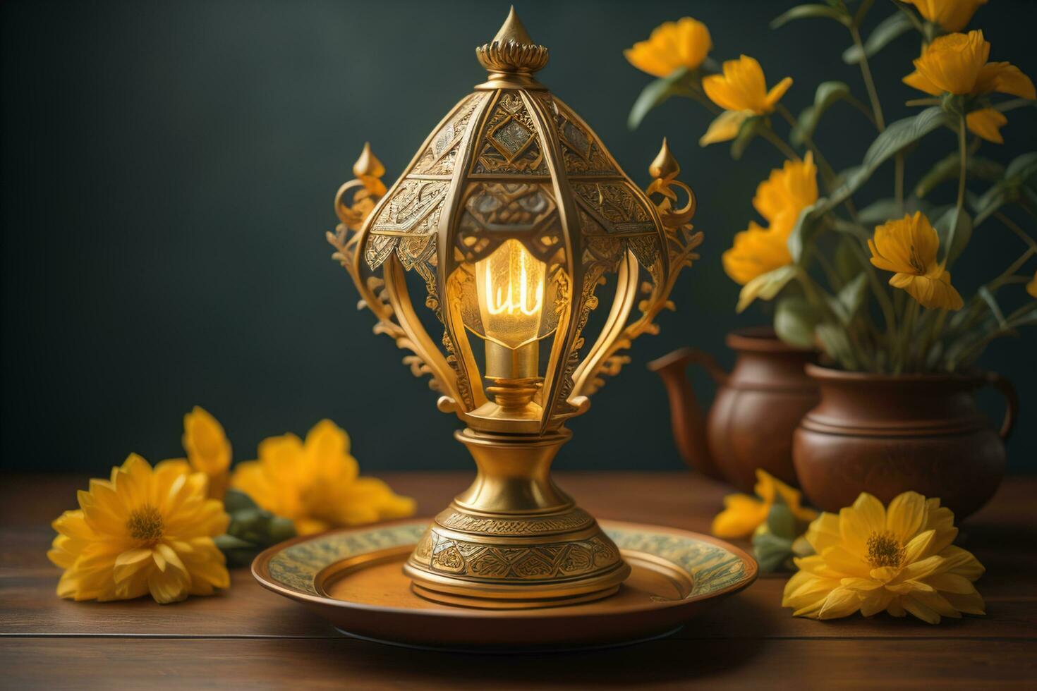 AI generated Vintage lamp with yellow flowers on a wooden table. Dark background. generative ai photo