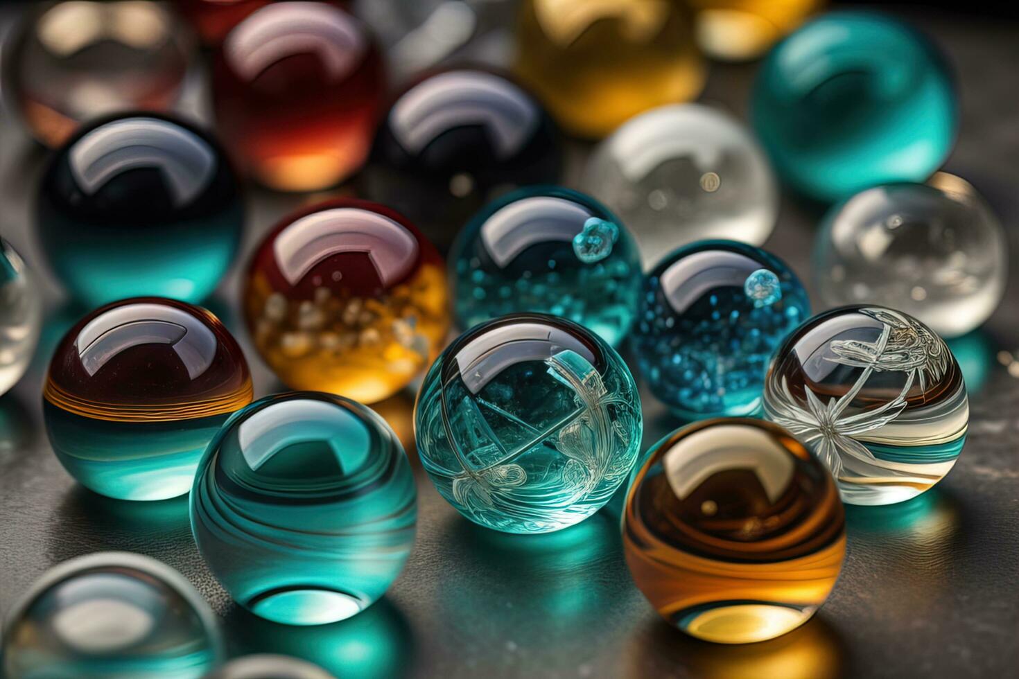 AI generated Colorful glass marbles on a the table. Selective focus. ai generative photo