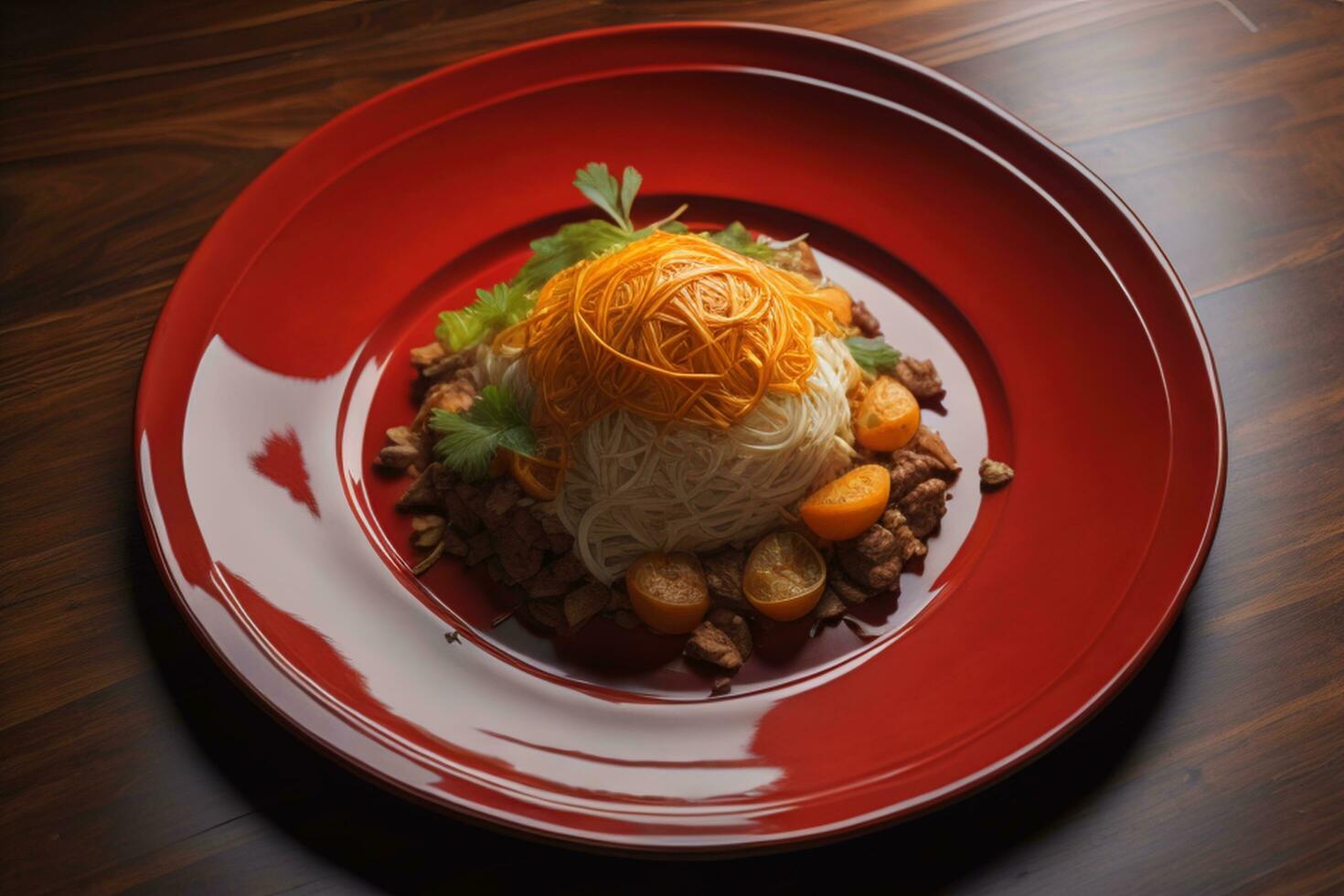 AI generated Rice noodles with beef and vegetables on a red plate on a wooden table. generative ai photo