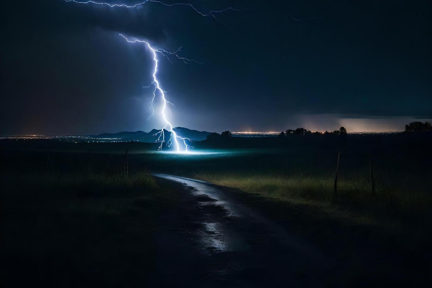 AI generated a lightning bolt is seen in the sky over a field photo