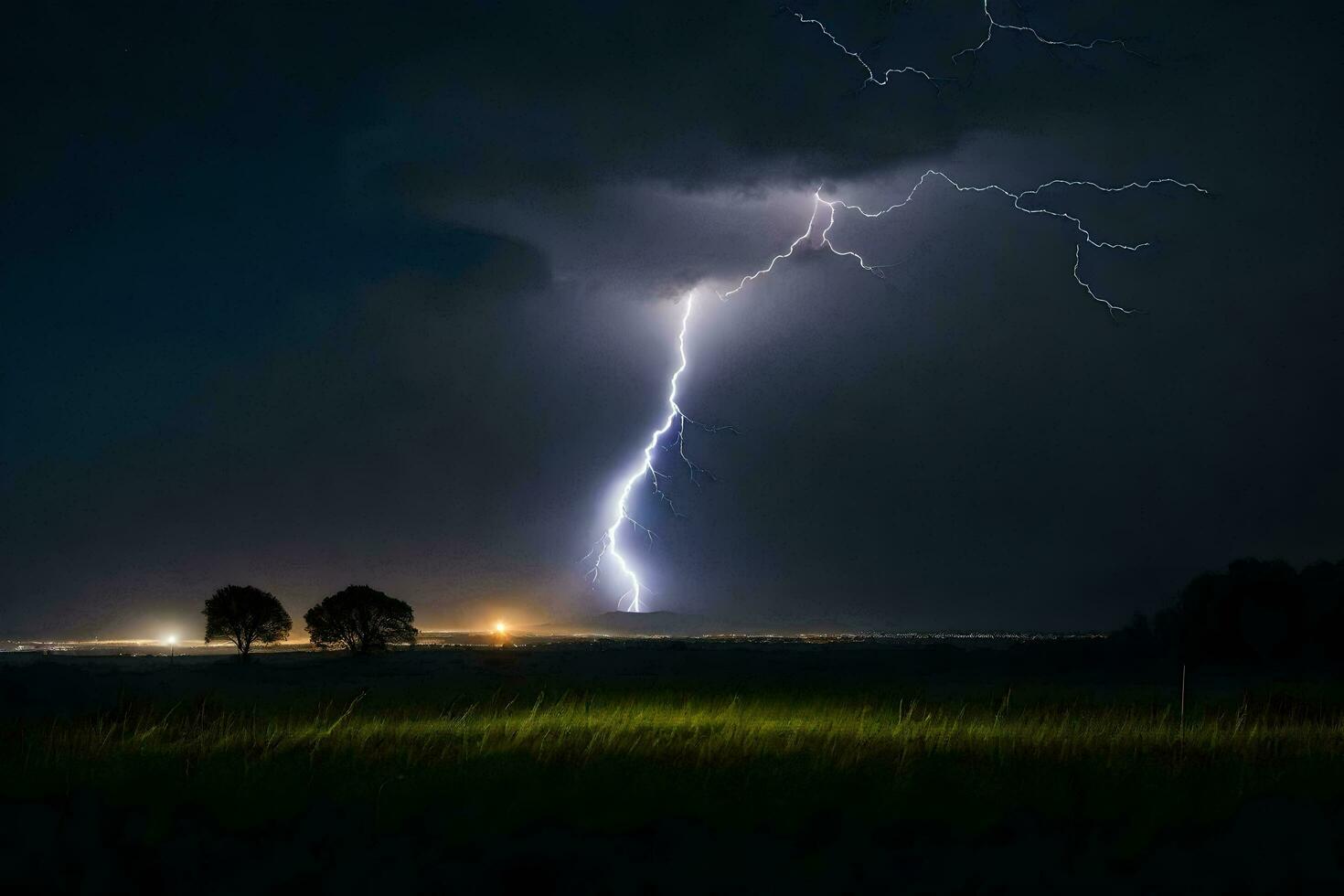 ai generado relámpago huelgas terminado un campo a noche foto