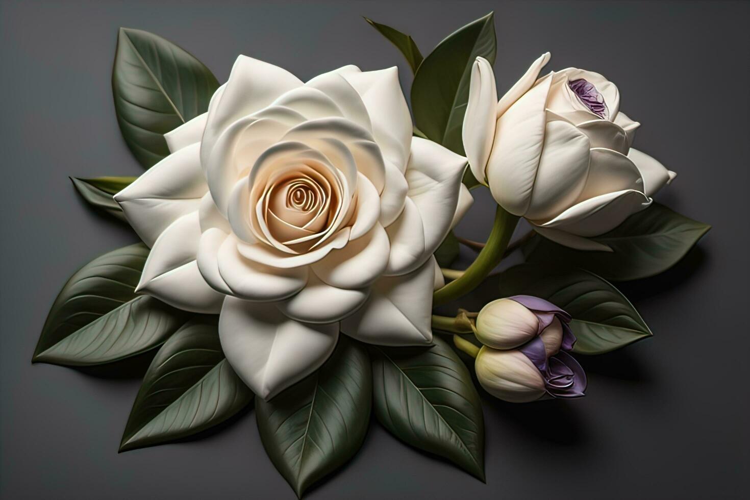 AI generated White rose with green leaves on a solid color background, top view. ai generative photo