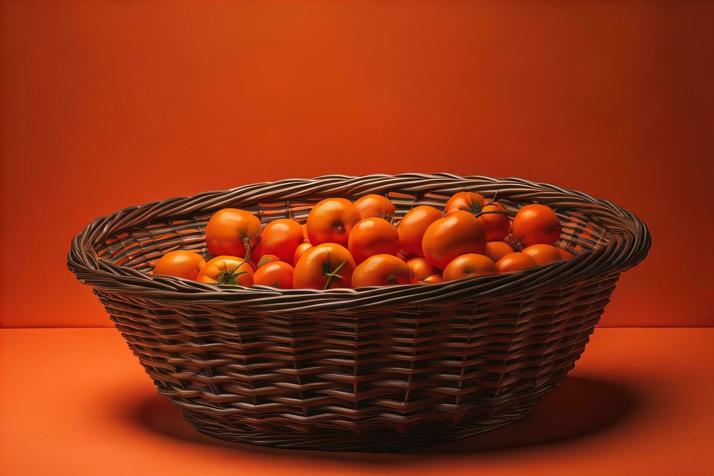 AI generated Basket of ripe tomatoes on an orange background. Toned. ai generative photo