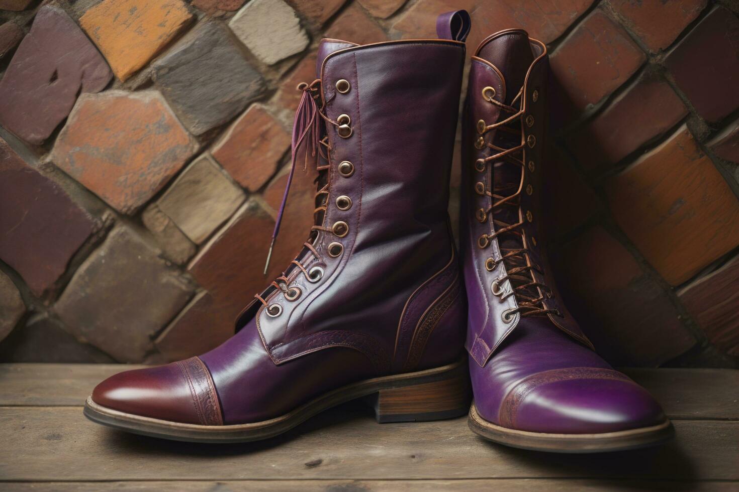 AI generated Pair of women's leather boots on a wooden table with brick wall background. generative ai photo