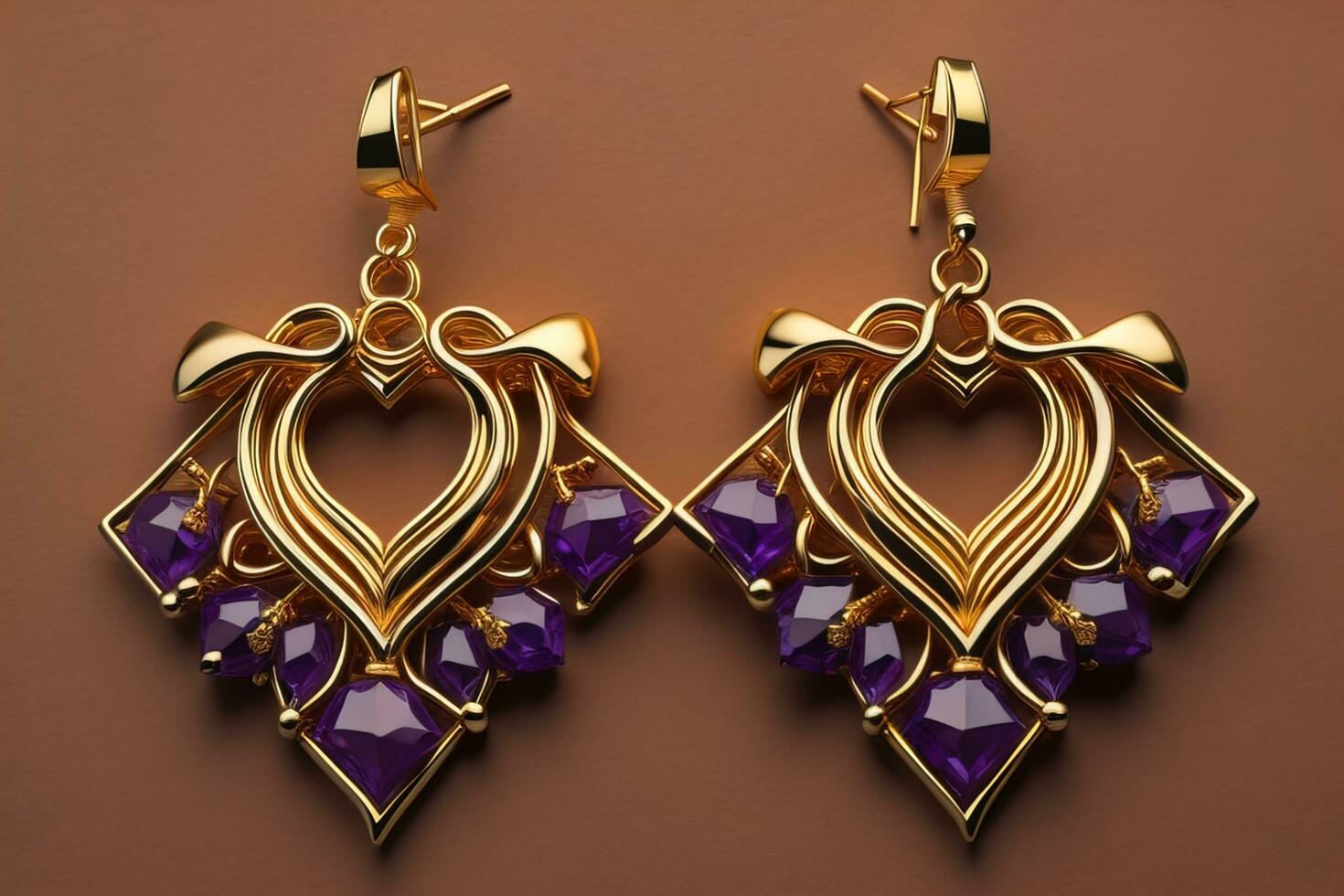 AI generated Earrings made of gold on a solid color background close up. ai generative photo