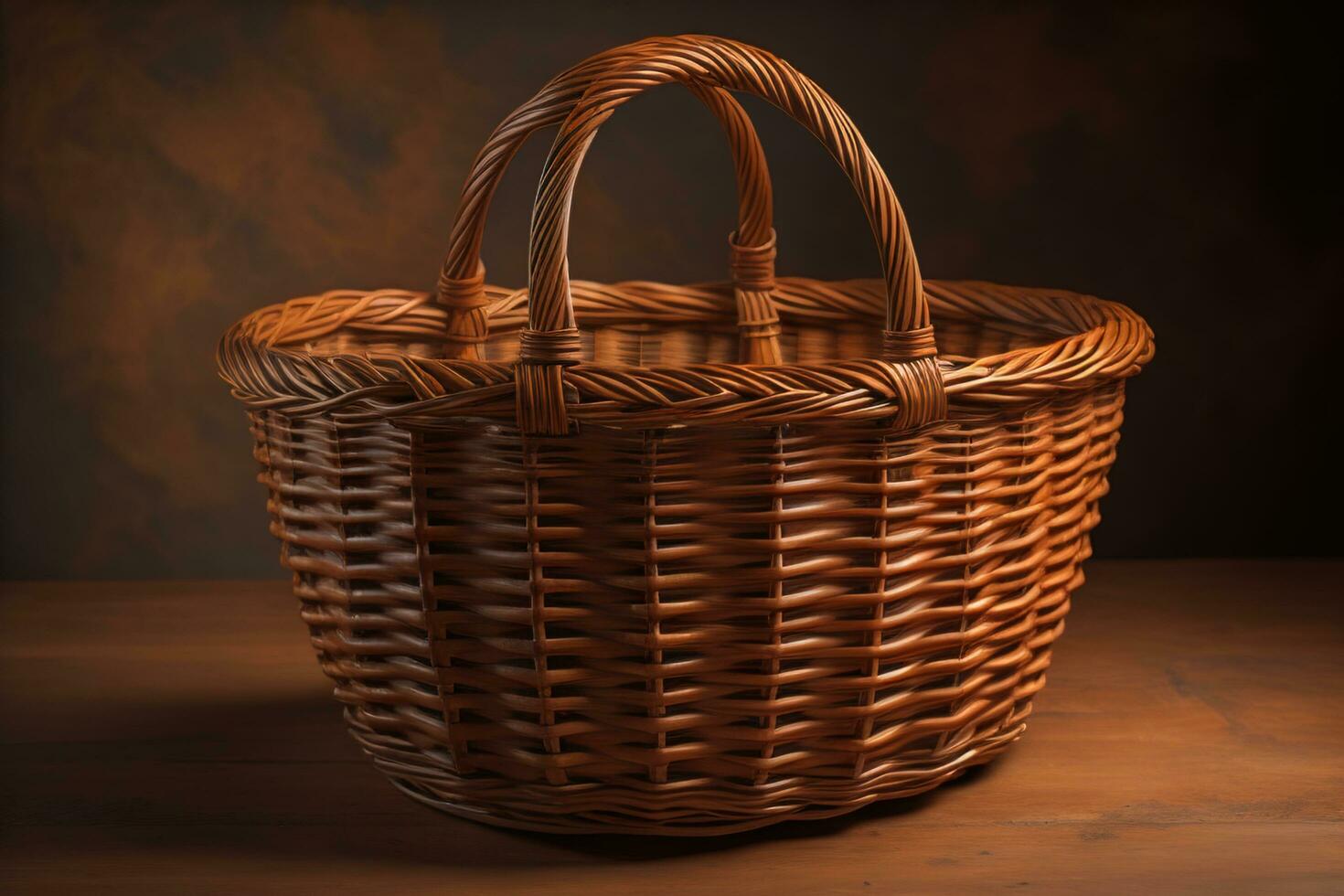 AI generated Empty wicker basket on a wooden table in front of a dark background. generative ai photo