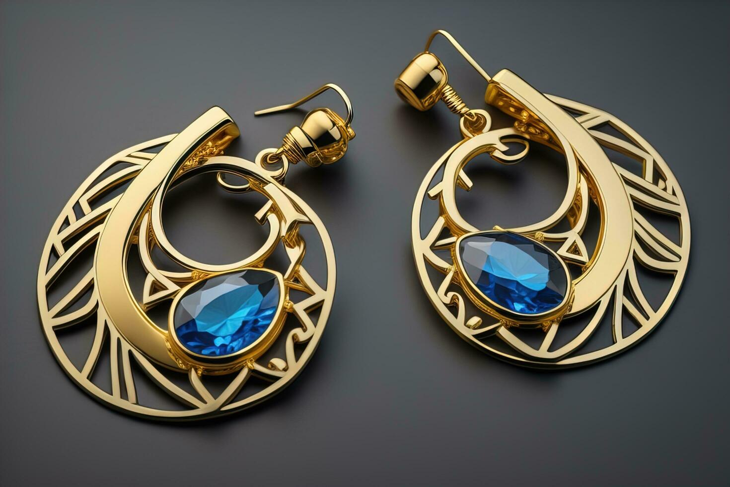 AI generated Earrings made of gold on a solid color background close up. ai generative photo