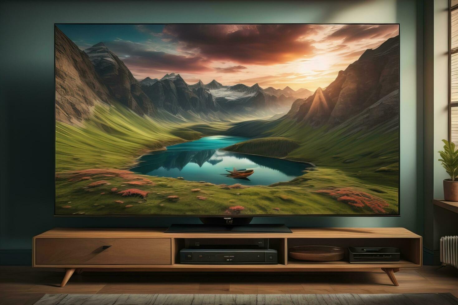 AI generated TV on the wooden cabinet in modern living room. ai generative photo