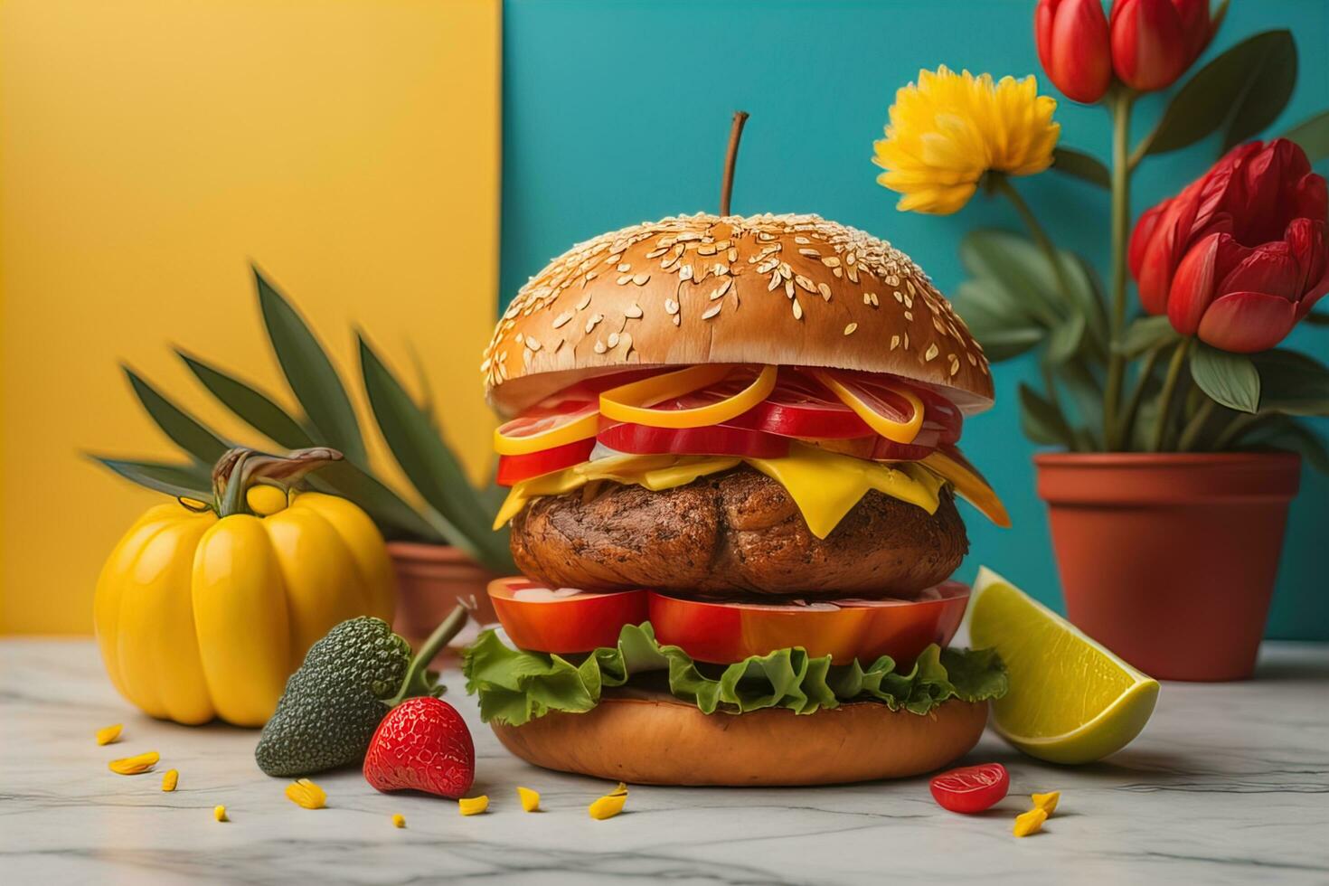 AI generated Hamburger with fresh vegetables on white marble table and colorful background. generative ai photo
