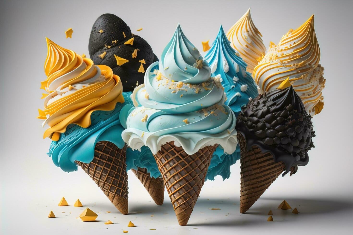 AI generated Ice cream in waffle cone on blue background, top view, flat lay. ai generative photo