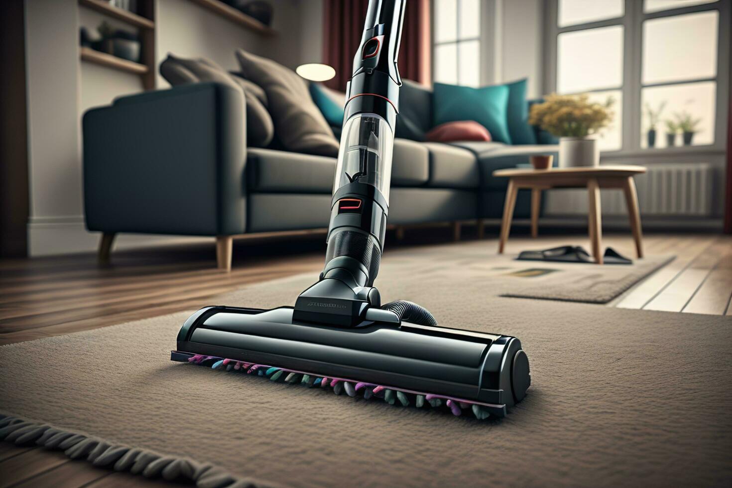 AI generated Vacuum cleaner cleaning carpet in living room. generative ai photo