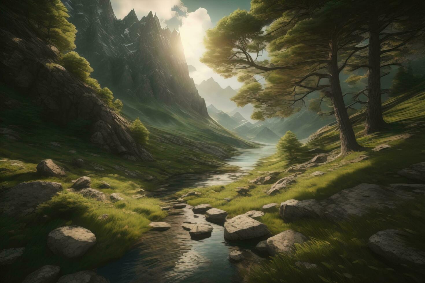 AI generated Beautiful fantasy landscape with a river in the mountains. ai generative photo