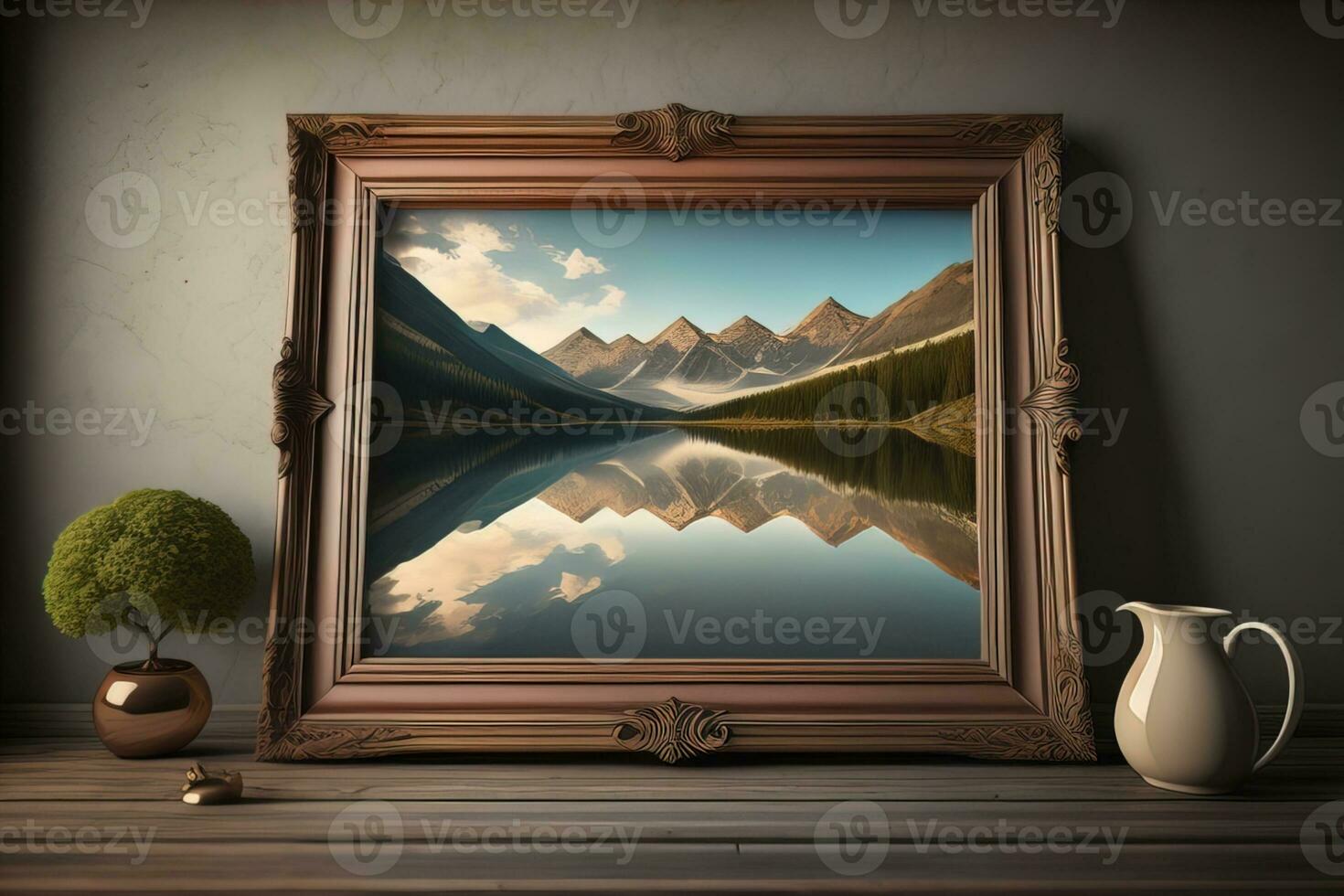 AI generated Wooden picture frame on the table. ai generative photo