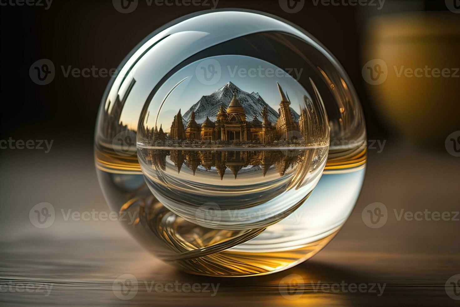 AI generated Transparent crystal ball on a wooden table. ai generative photo