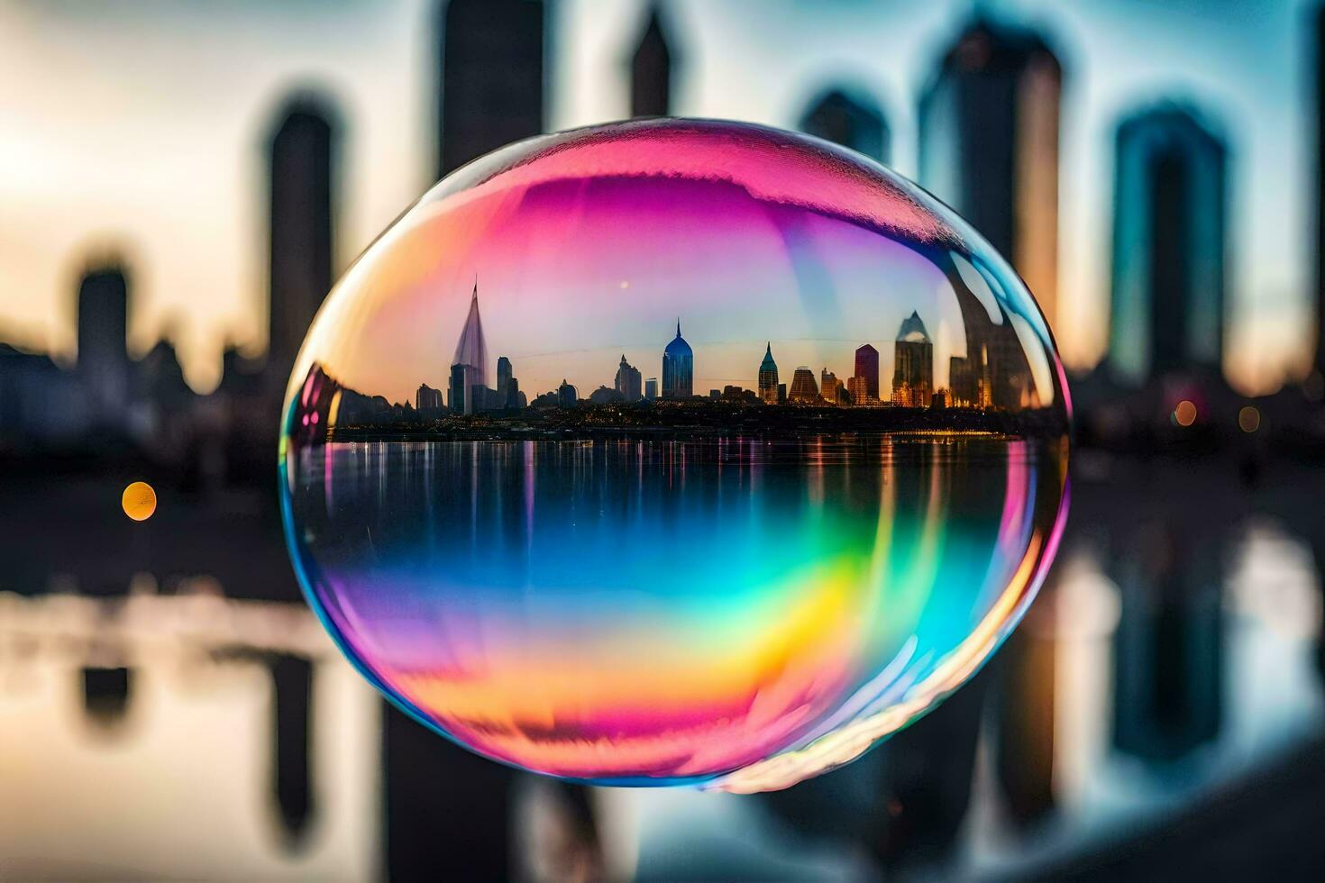 AI generated a colorful bubble with a city skyline in the background photo