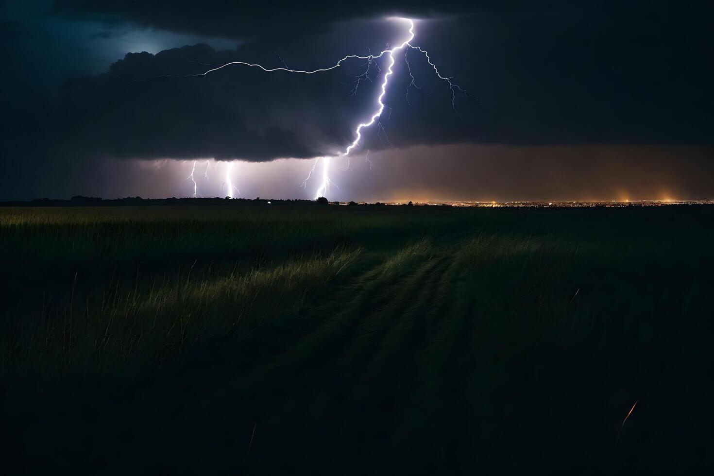 AI generated lightning strikes over a field at night photo