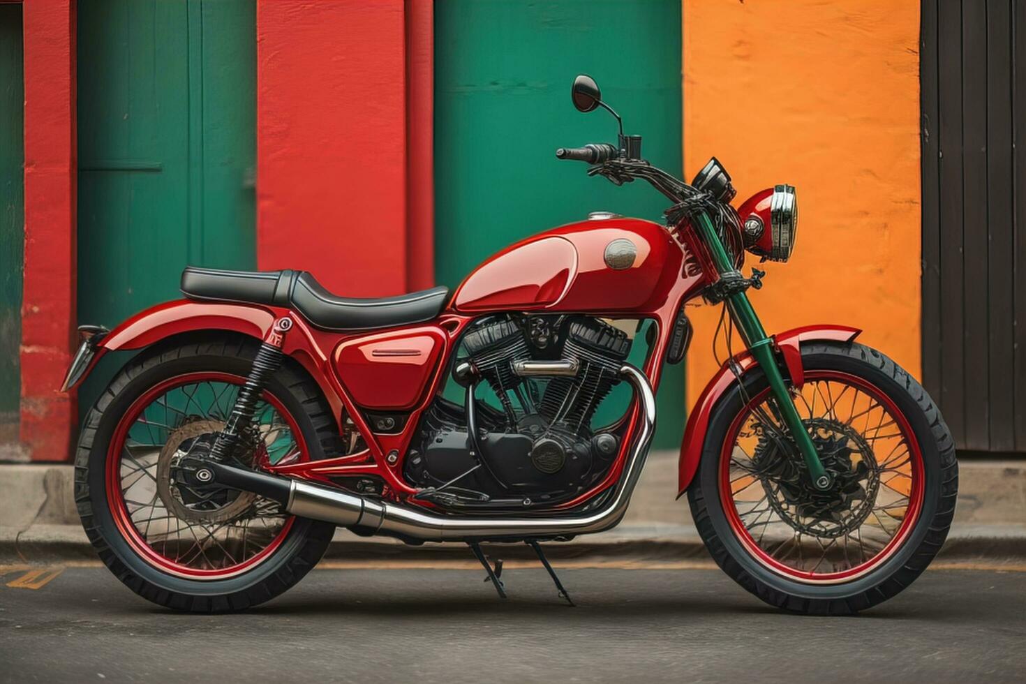 AI generated Vintage motorcycle parked in front of a colorful wall, generative ai photo