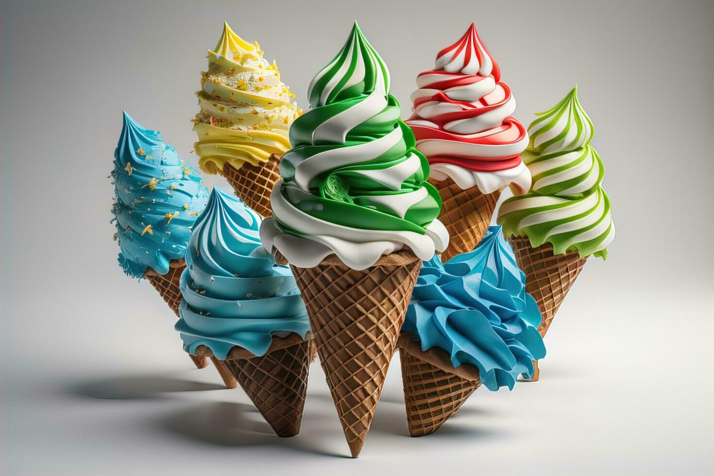 AI generated colorful ice creams in waffle cones on gray background. generative ai photo