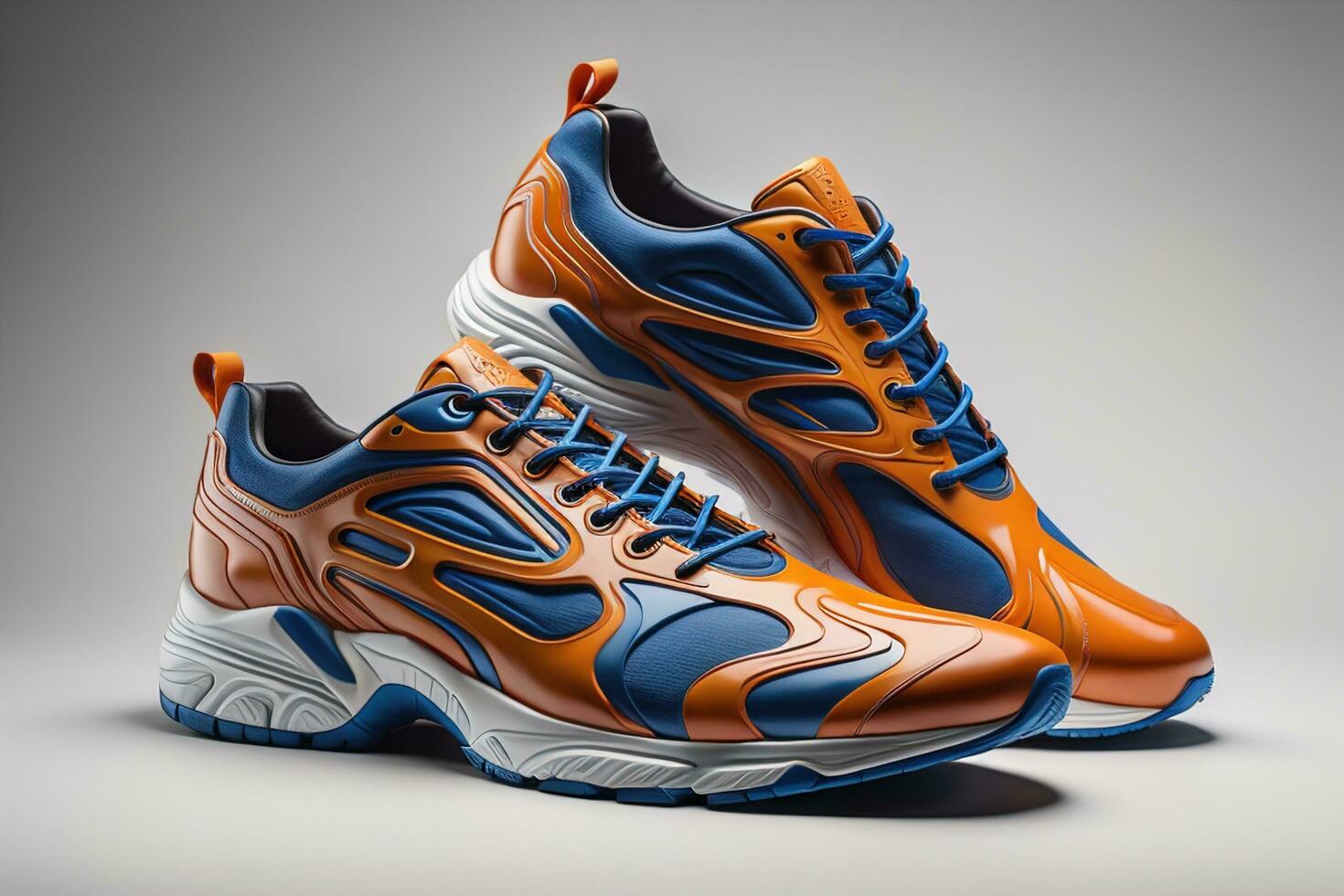 AI generated Orange running shoes on a gray background. generative ai photo