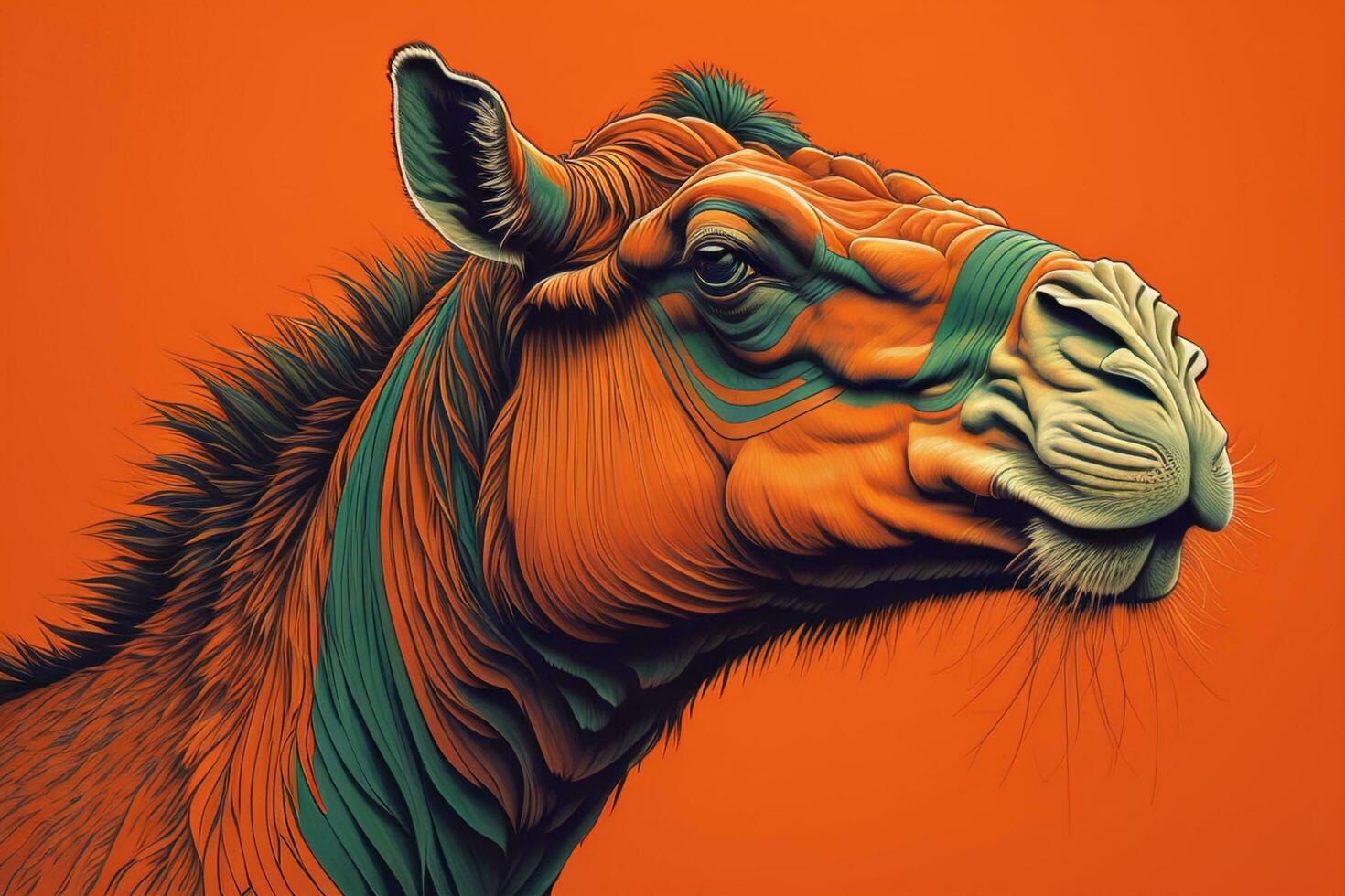 AI generated Head of a camel on an orange background. generative ai photo