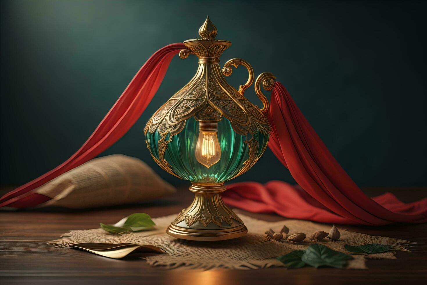 AI generated Lantern on a wooden table and a dark background. ai generative photo