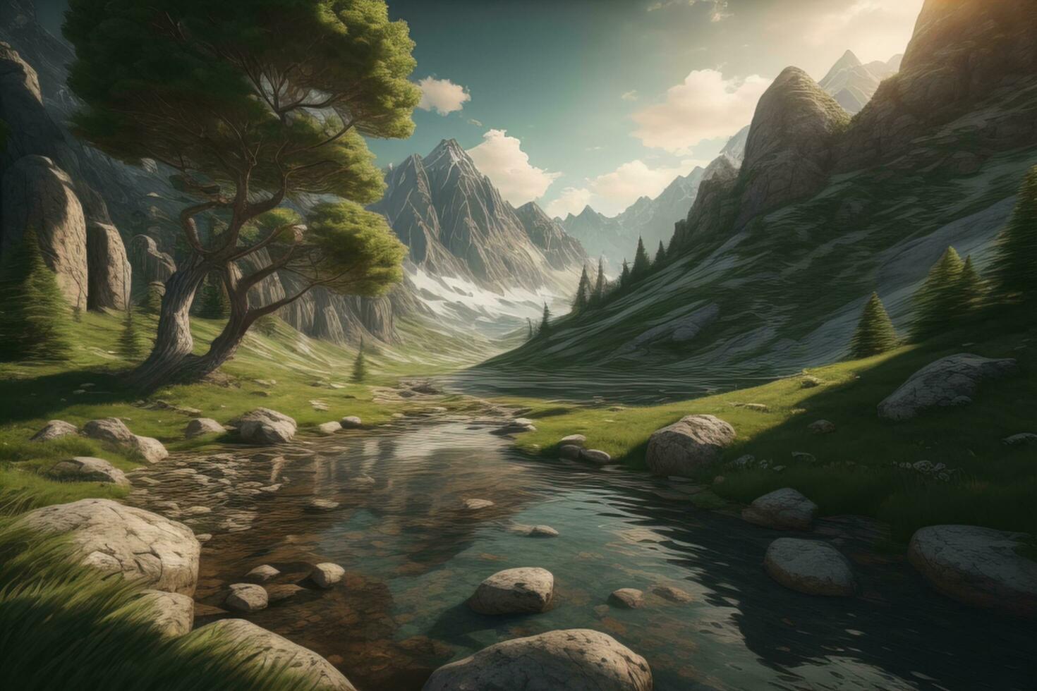 AI generated Fantasy landscape. Mountain lake and pine trees. generative ai photo