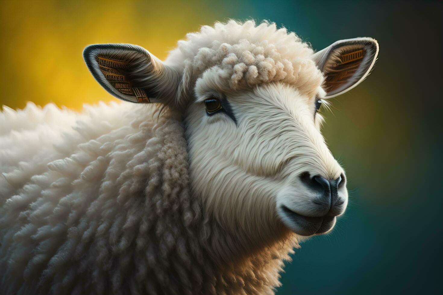 AI generated Sheep portrait on a background of blue and yellow bokeh. generative ai photo