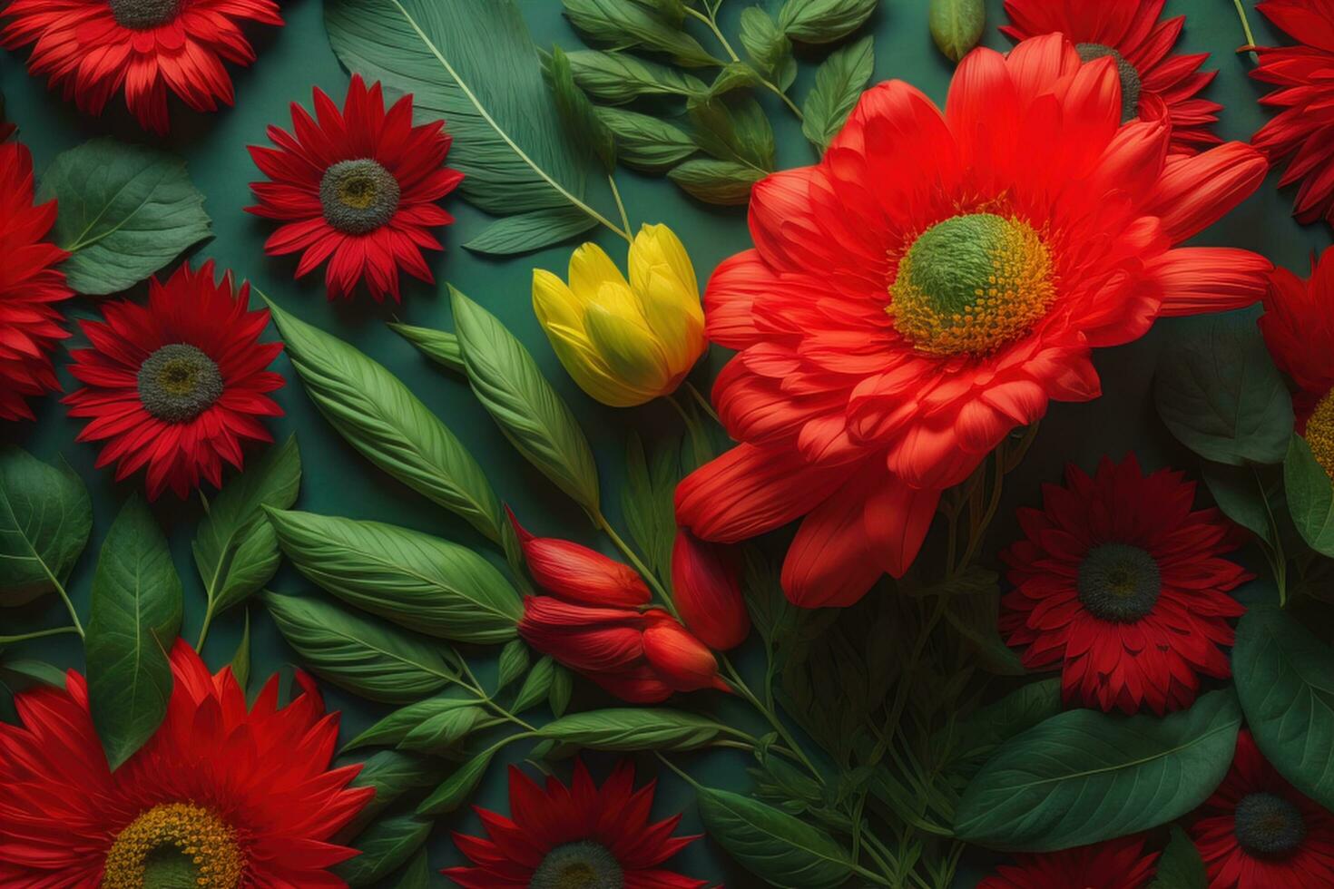 AI generated Flowers composition. Red gerberas, green leaves on green background. Flat lay, top view, copy space. generative ai photo