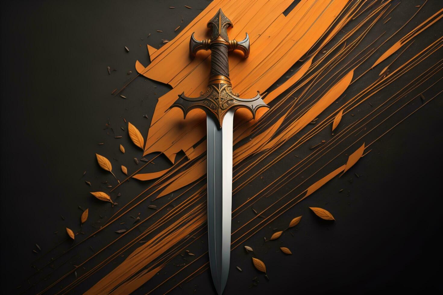 AI generated Sword and autumn leaves on a black background. generative ai photo