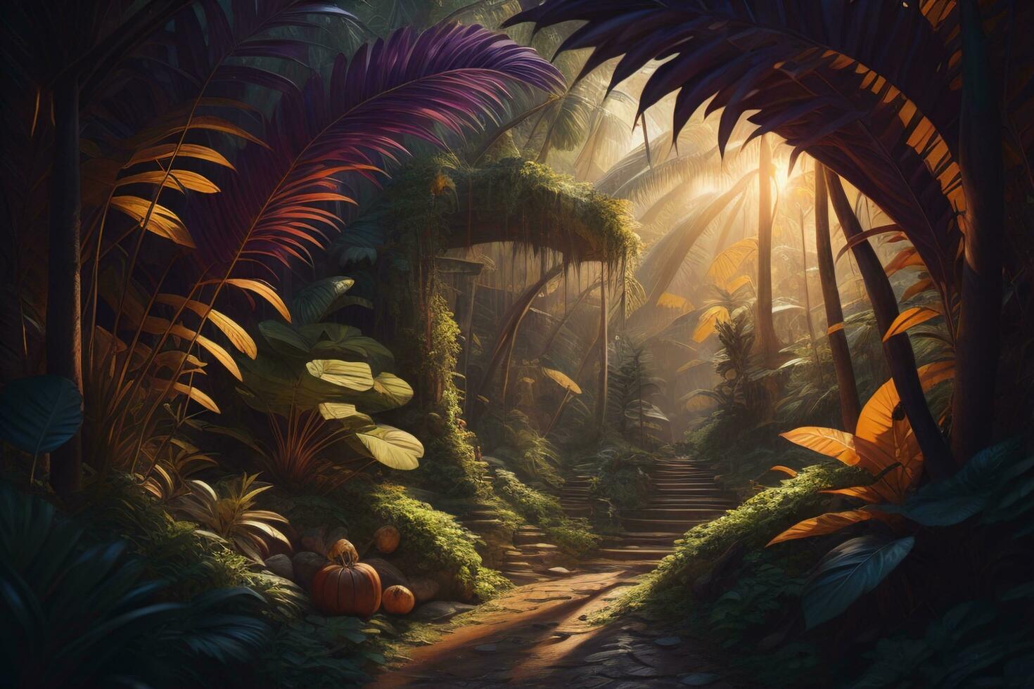 AI generated Fantasy landscape with stone path in the jungle. generative ai photo
