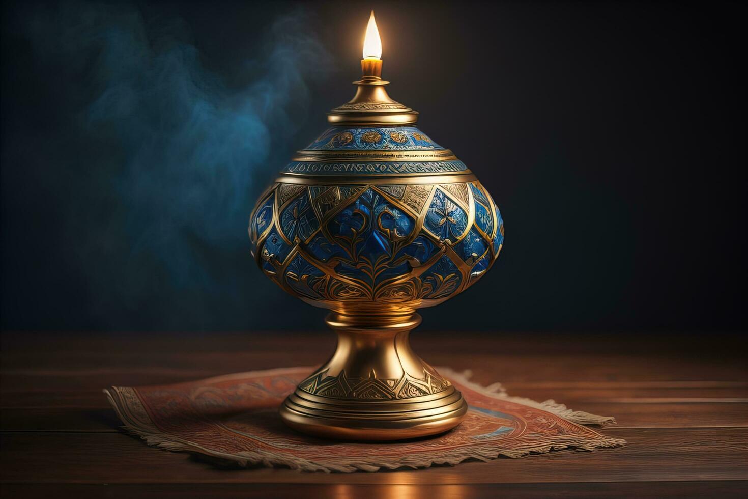 AI generated Lantern on a wooden table and a dark background. ai generative photo