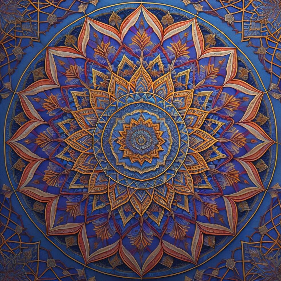 AI generated Mandala pattern on blue background. generative ai photo