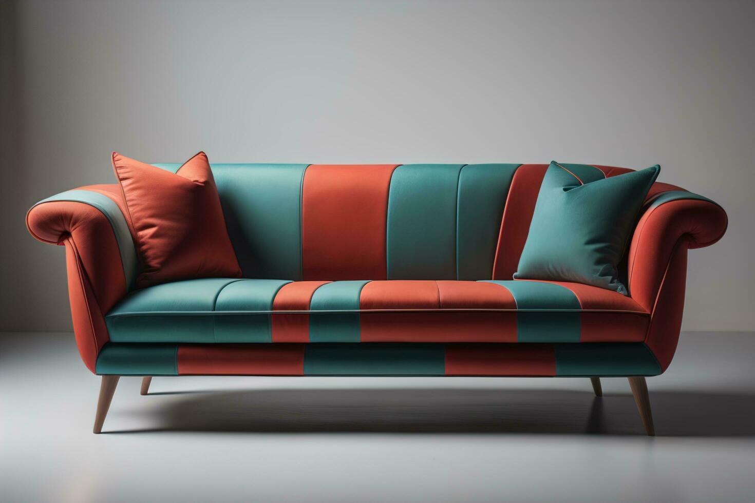 AI generated modern sofa with red and blue pillows on gray background, generative ai photo
