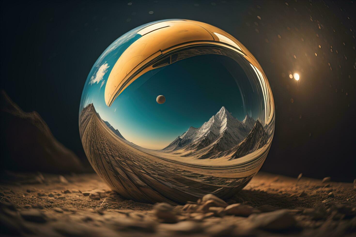 AI generated a planet in a glass sphere with mountains in the background. generative ai photo