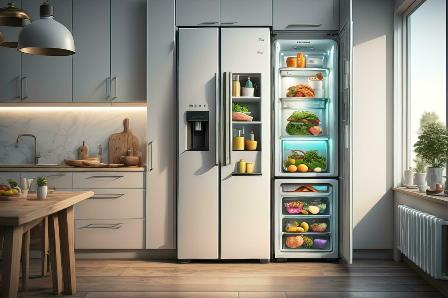 AI generated Modern kitchen interior with fridge. generative ai photo