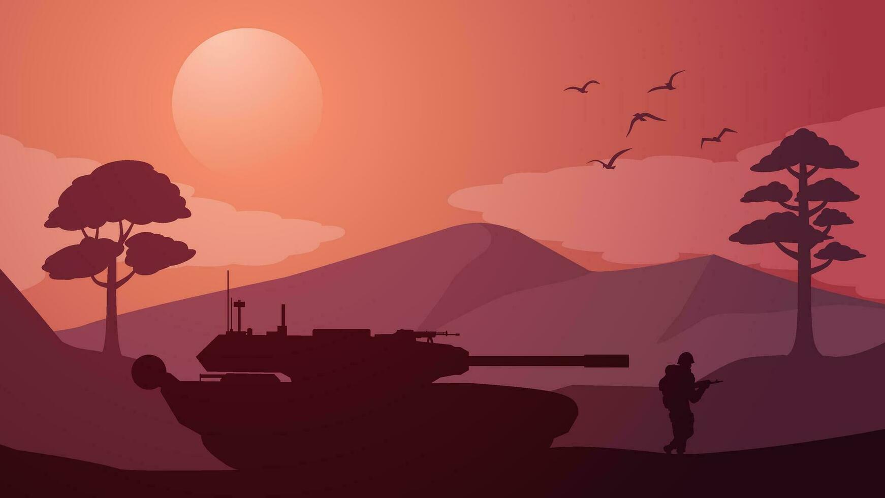 Military landscape vector illustration. Silhouette of military tank and soldier in training field. Military landscape for background, wallpaper or illustration