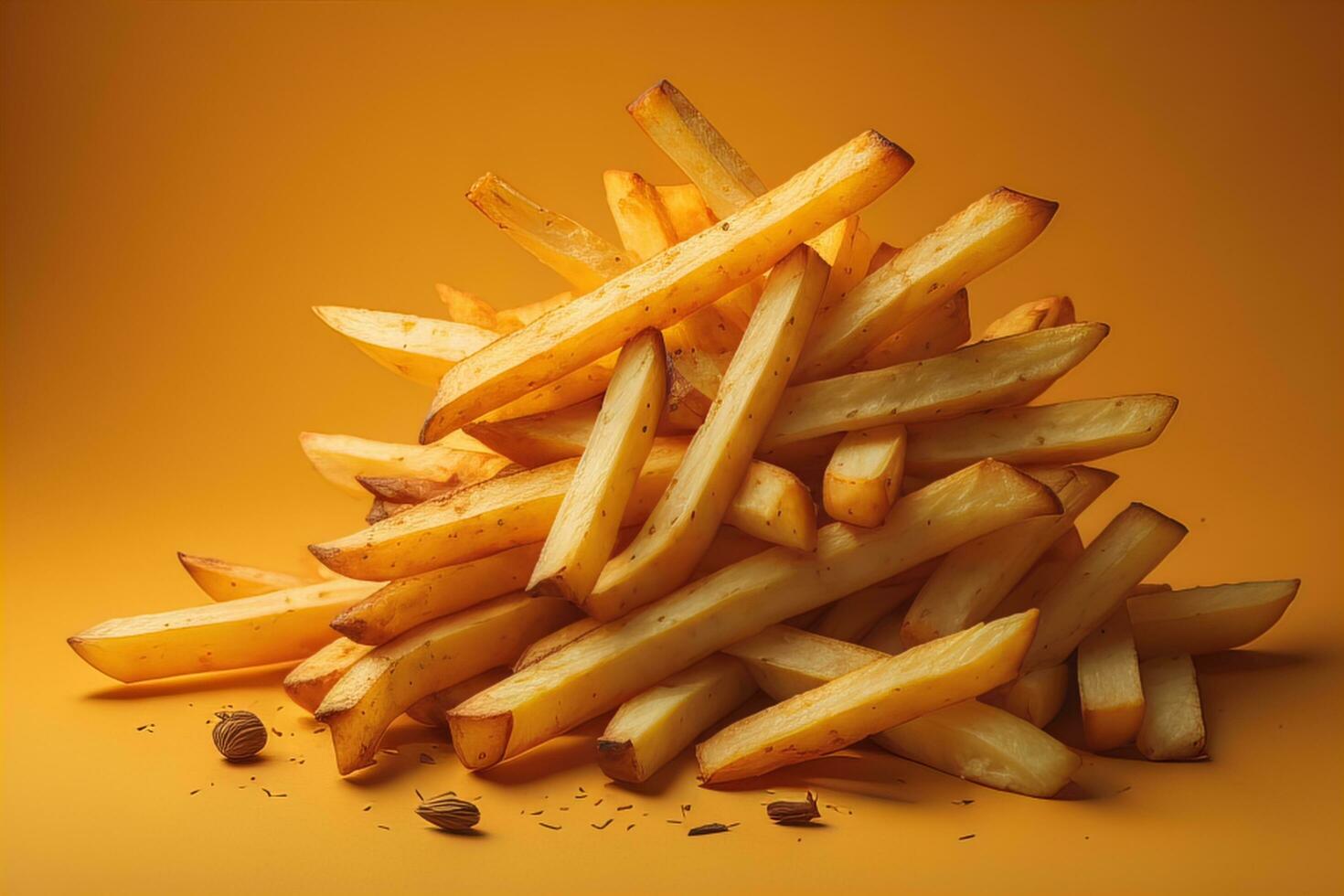 AI generated french fries on yellow background with some crumbs, closeup. generative ai photo