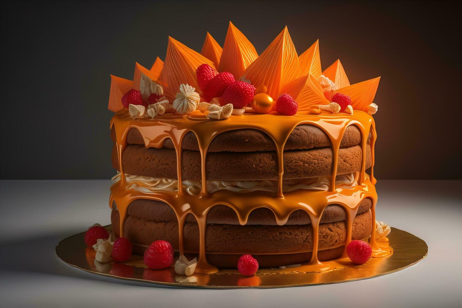 AI generated Chocolate cake with cream on a solid color background. Toned. ai generative photo