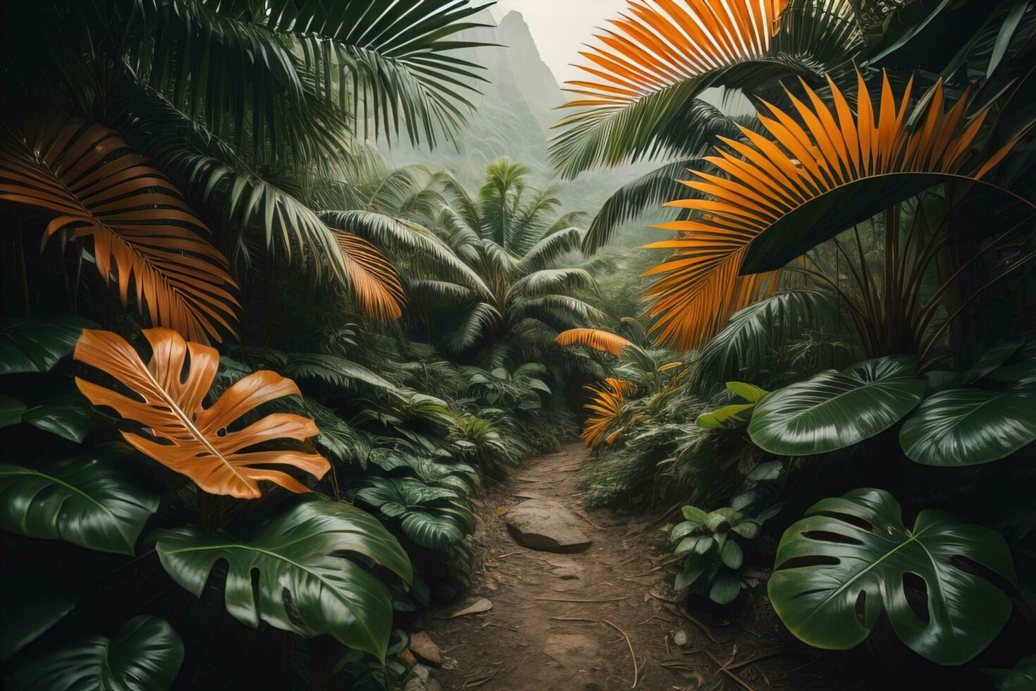 AI generated A pathway in tropical rainforest with palm trees and path in the mist. ai generative photo
