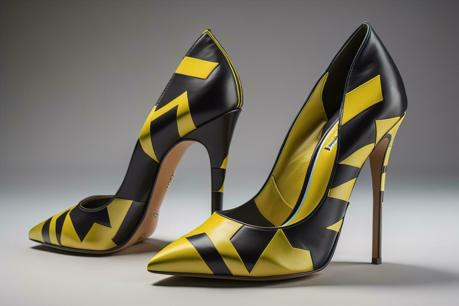 AI generated Black and yellow high heel shoes on a gray background. generative ai photo