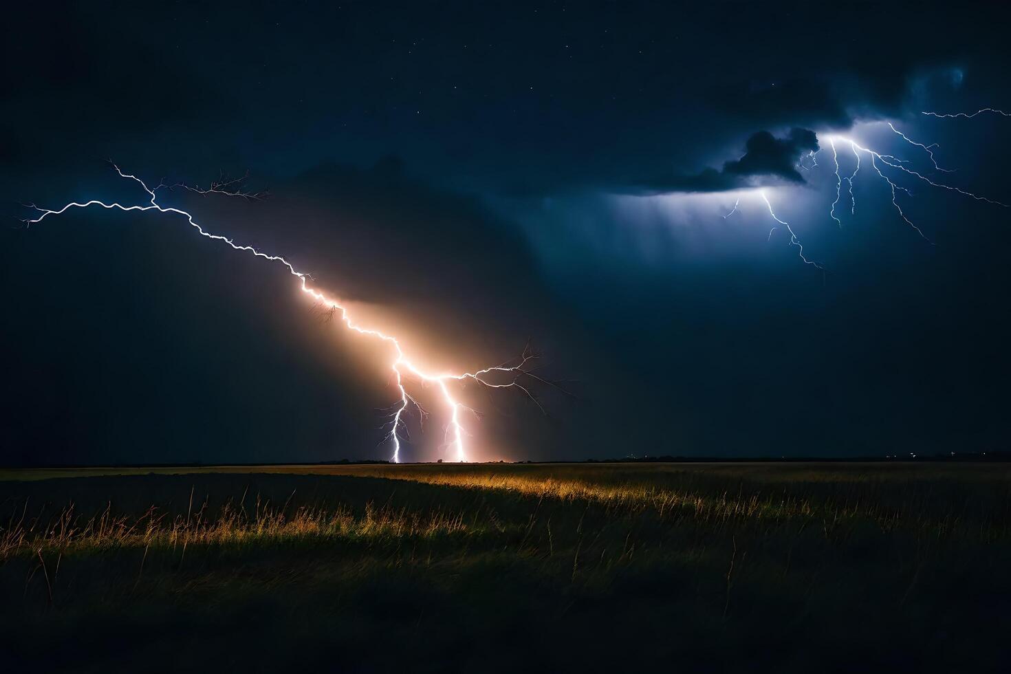 AI generated lightning strikes over a field in the dark photo