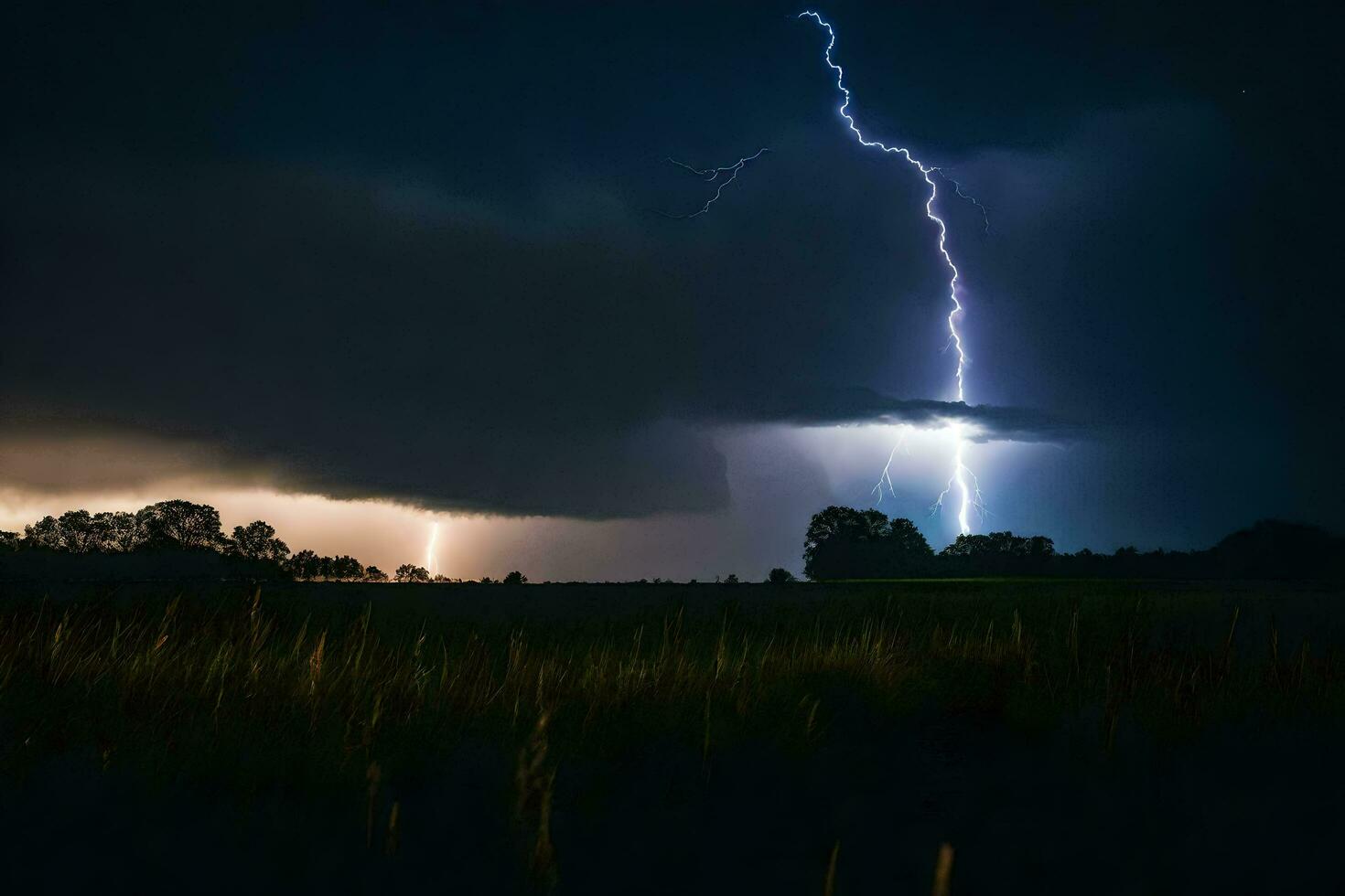 AI generated lightning strikes over a field at night photo