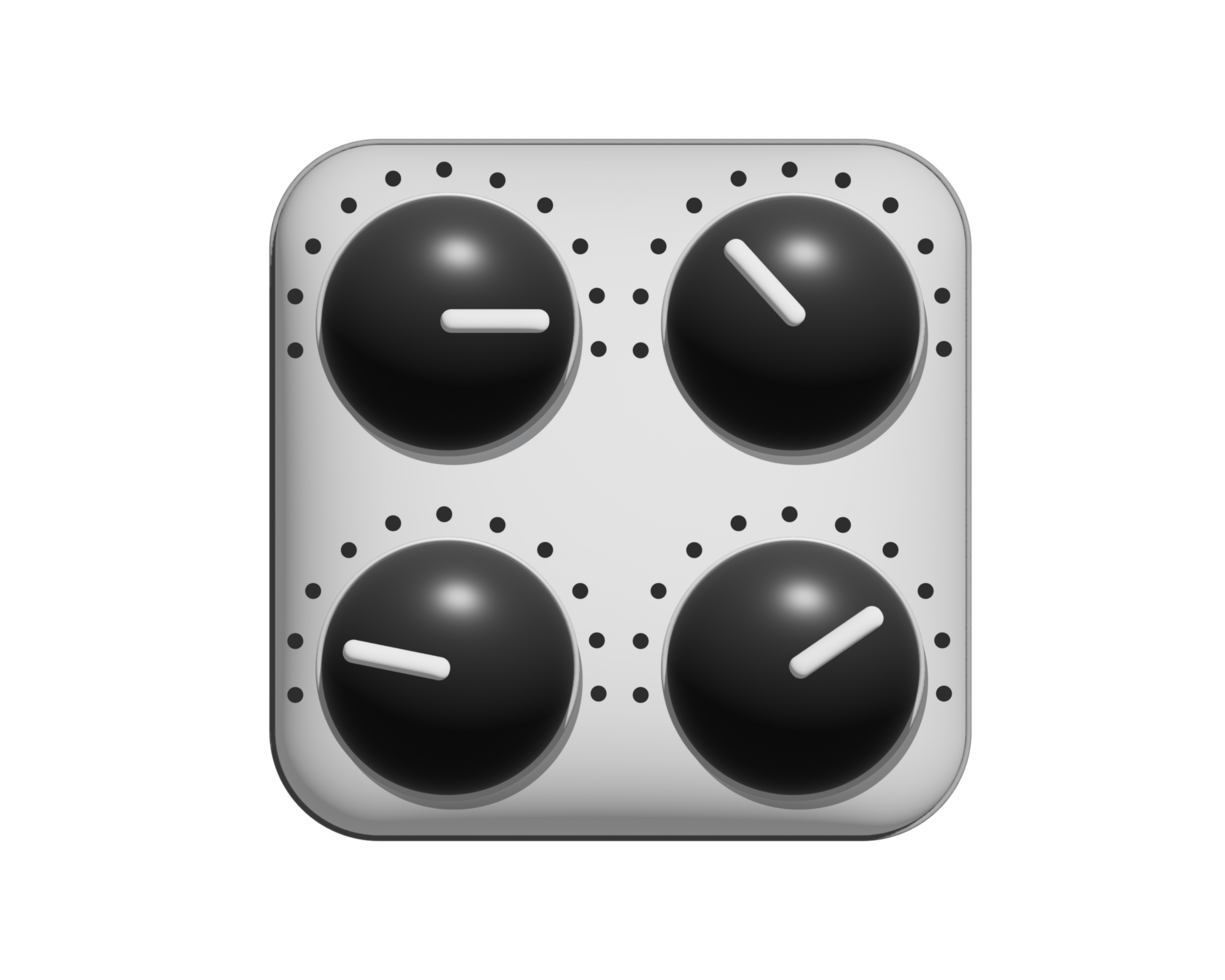 The isolated silver square audio mixing console 3D icon with four black control knobs, button, white pointers and scale markings png