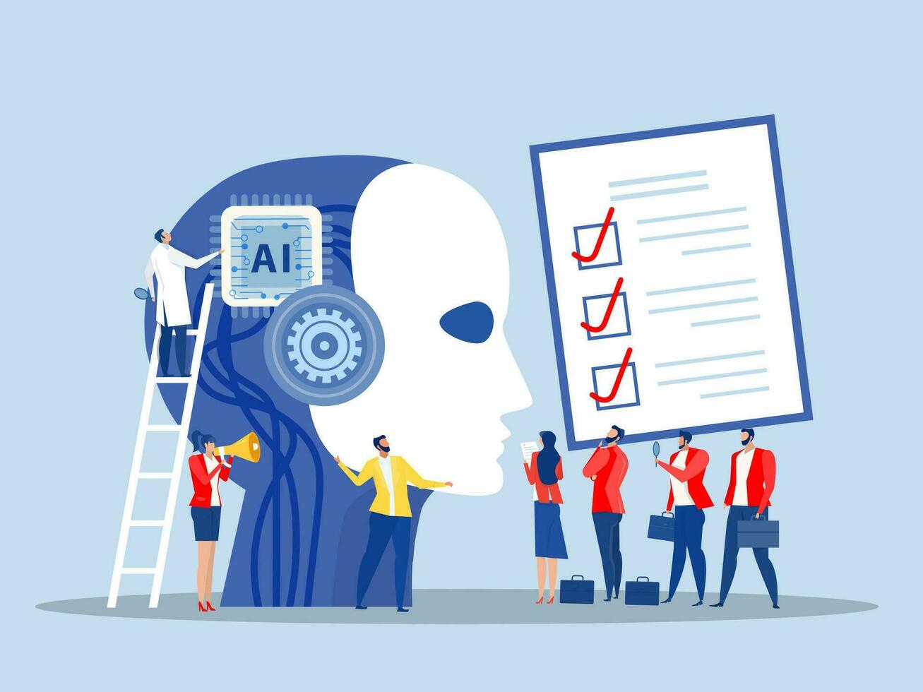 Businessmen offer new idea or innovation robot with artificial  intelligence Financial investments in creative projects and into innovation. Flat vector illustration.