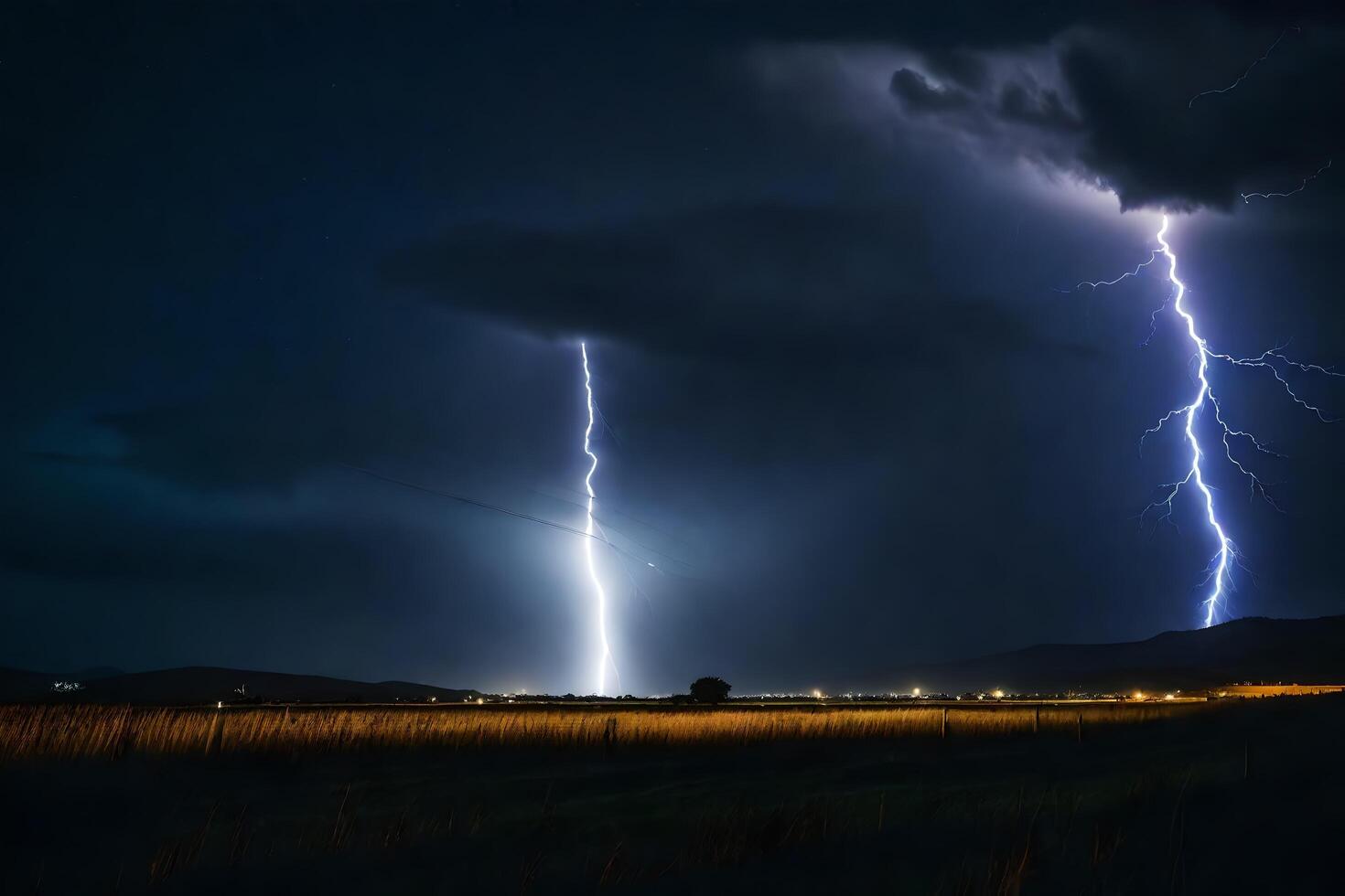 AI generated lightning strikes over a field at night photo