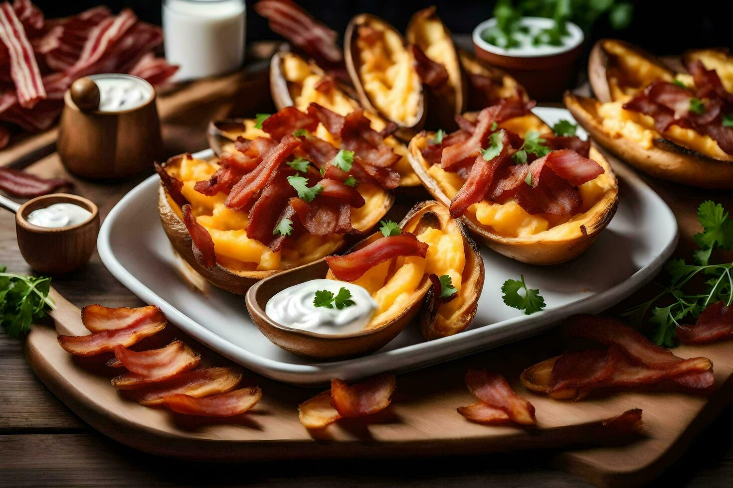 AI generated baked potatoes with bacon and cheese on a plate photo